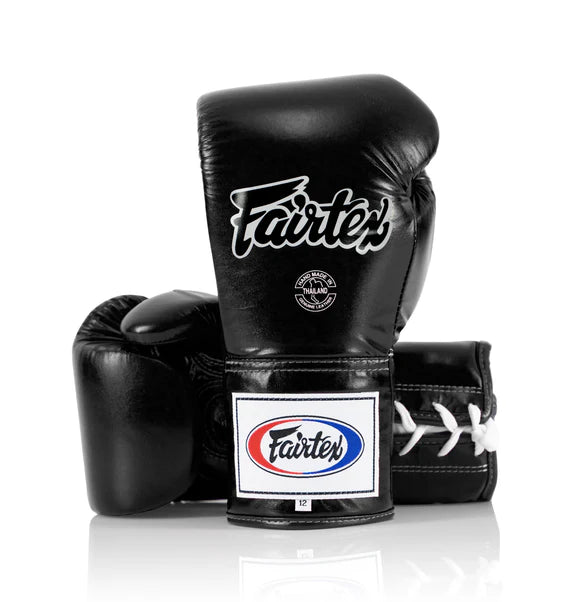 FAIRTEX BGL6 Pro Leather Laced Competition Gloves - Locked Thumb (Black)