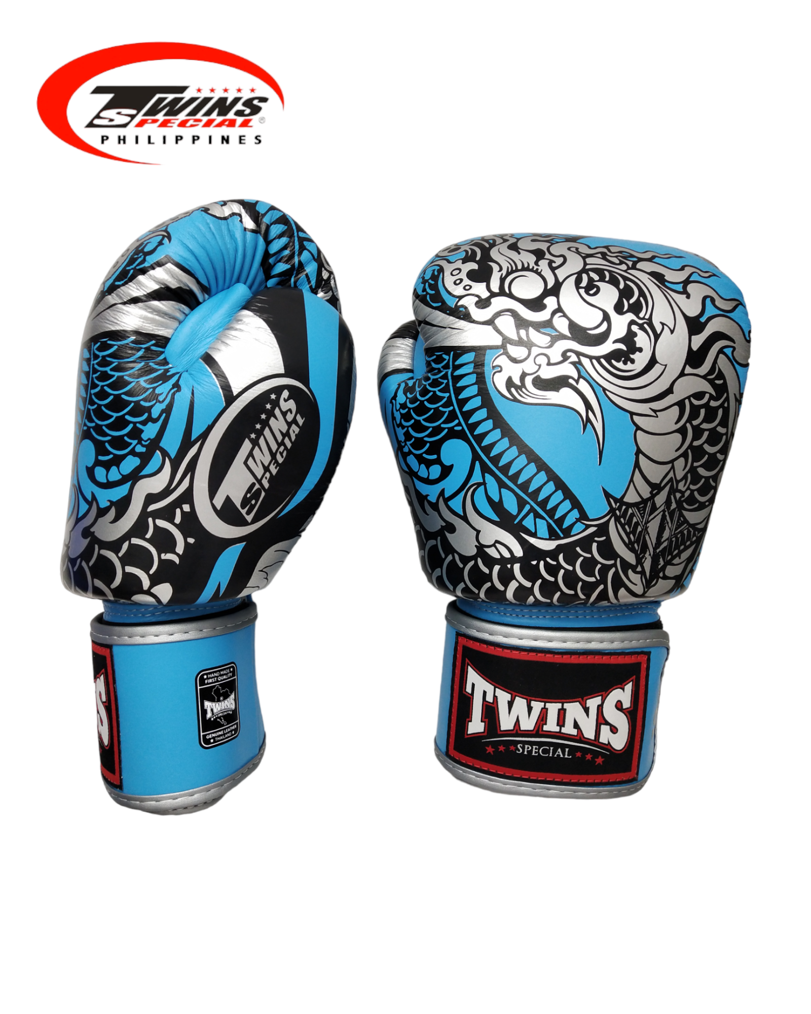 Twins Special Boxing Gloves Thai Nagas Dragon Light Blue Silver