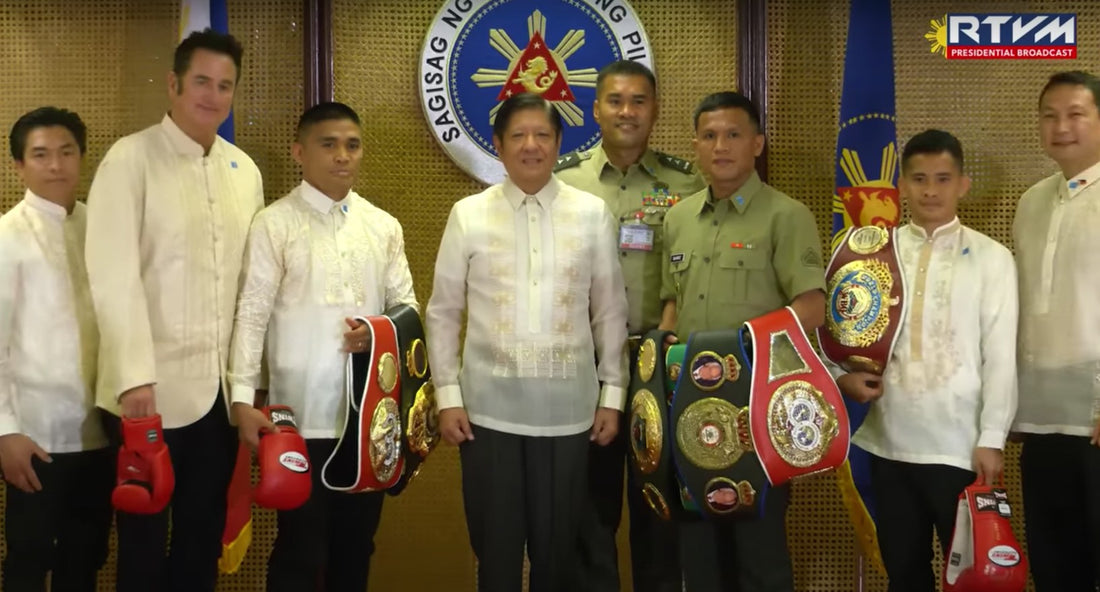 President Ferdinand R. Marcos Jr. honors the Filipinos who have recently triumphed in their respective fields in sports and in the arts during a courtesy call at the Heroes Hall in Malacañan Palace on April 20, 2023.