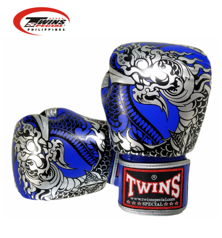 Twins Special Boxing Gloves Thai Nagas Dragon [Blue/Silver]