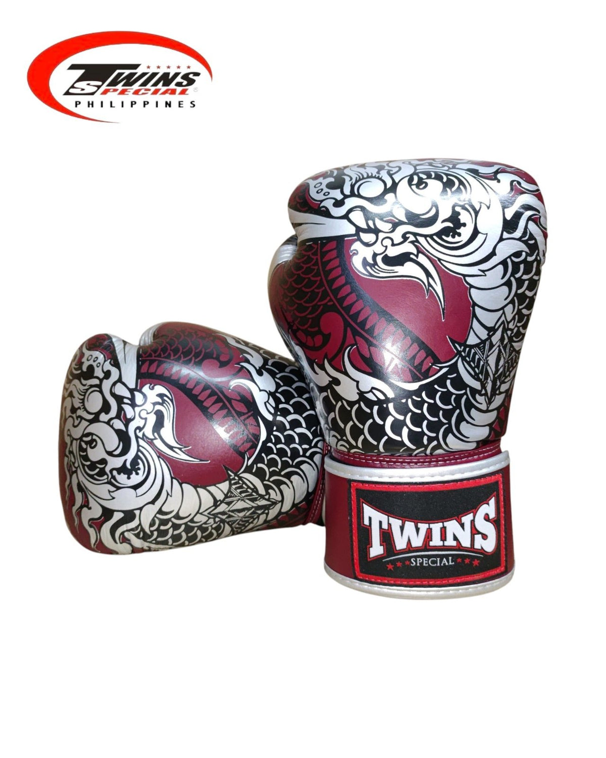 Twins Special Boxing Gloves Thai Nagas Dragon [Maroon/Silver]