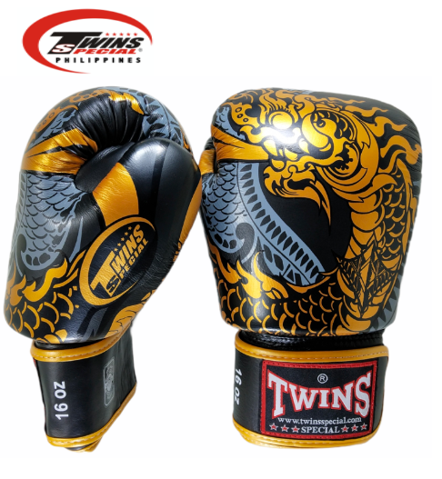 Twins Special Boxing Gloves Thai Nagas Dragon [Black/Gold]
