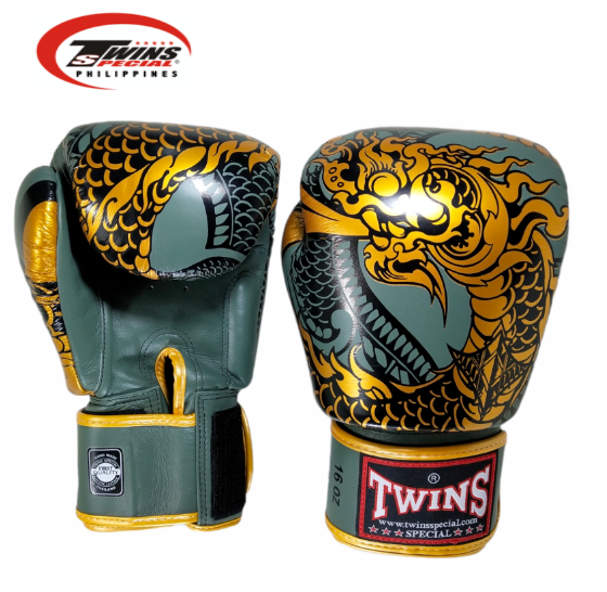 Twins Special Boxing Gloves Thai Nagas Dragon [Olive Green/Gold]