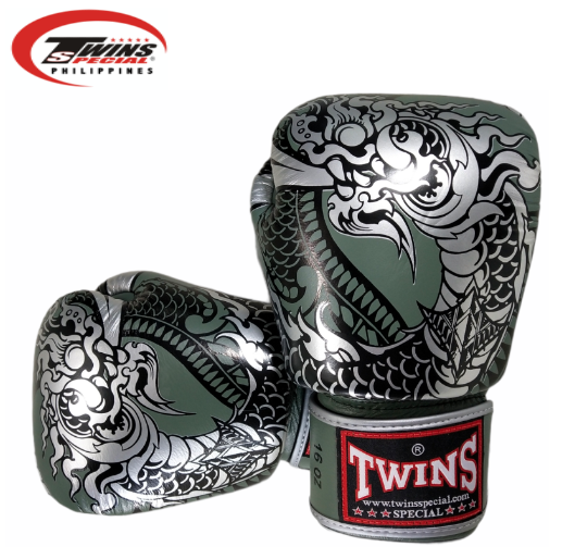 Twins Special Boxing Gloves Thai Nagas Dragon [Olive Green/Silver]