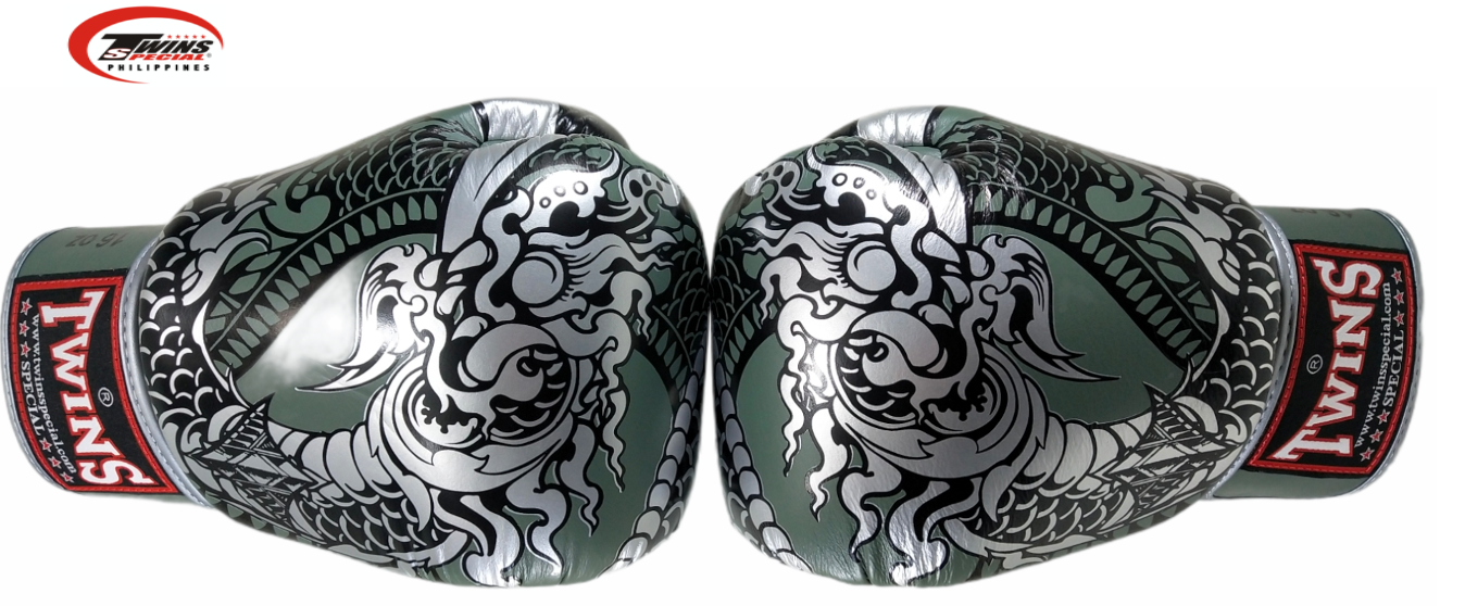 Twins Special Boxing Gloves Thai Nagas Dragon [Olive Green/Silver]