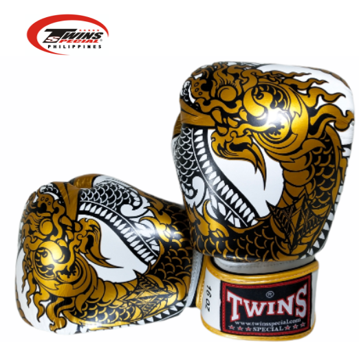 Twins Special Boxing Gloves Thai Nagas Dragon [White/Gold]