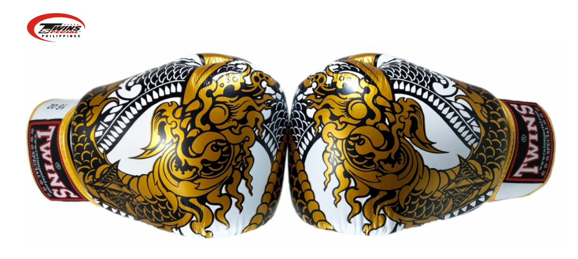 Twins Special Boxing Gloves Thai Nagas Dragon [White/Gold]