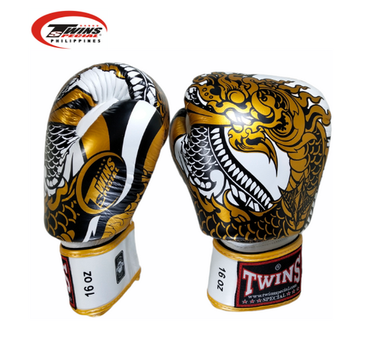 Twins Special Boxing Gloves Thai Nagas Dragon [White/Gold]