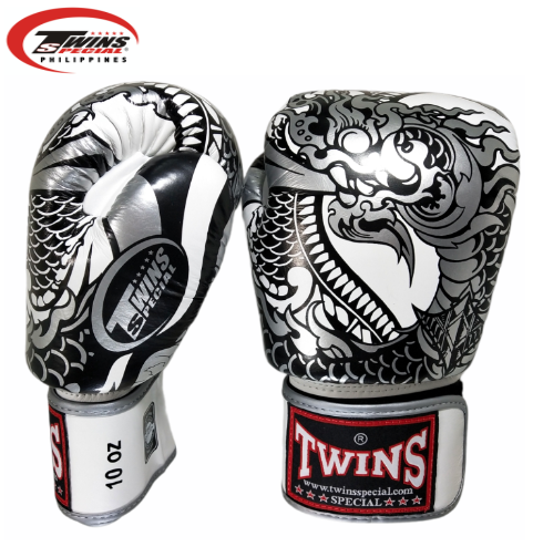 Twins Special Boxing Gloves Thai Nagas Dragon [White/Silver]