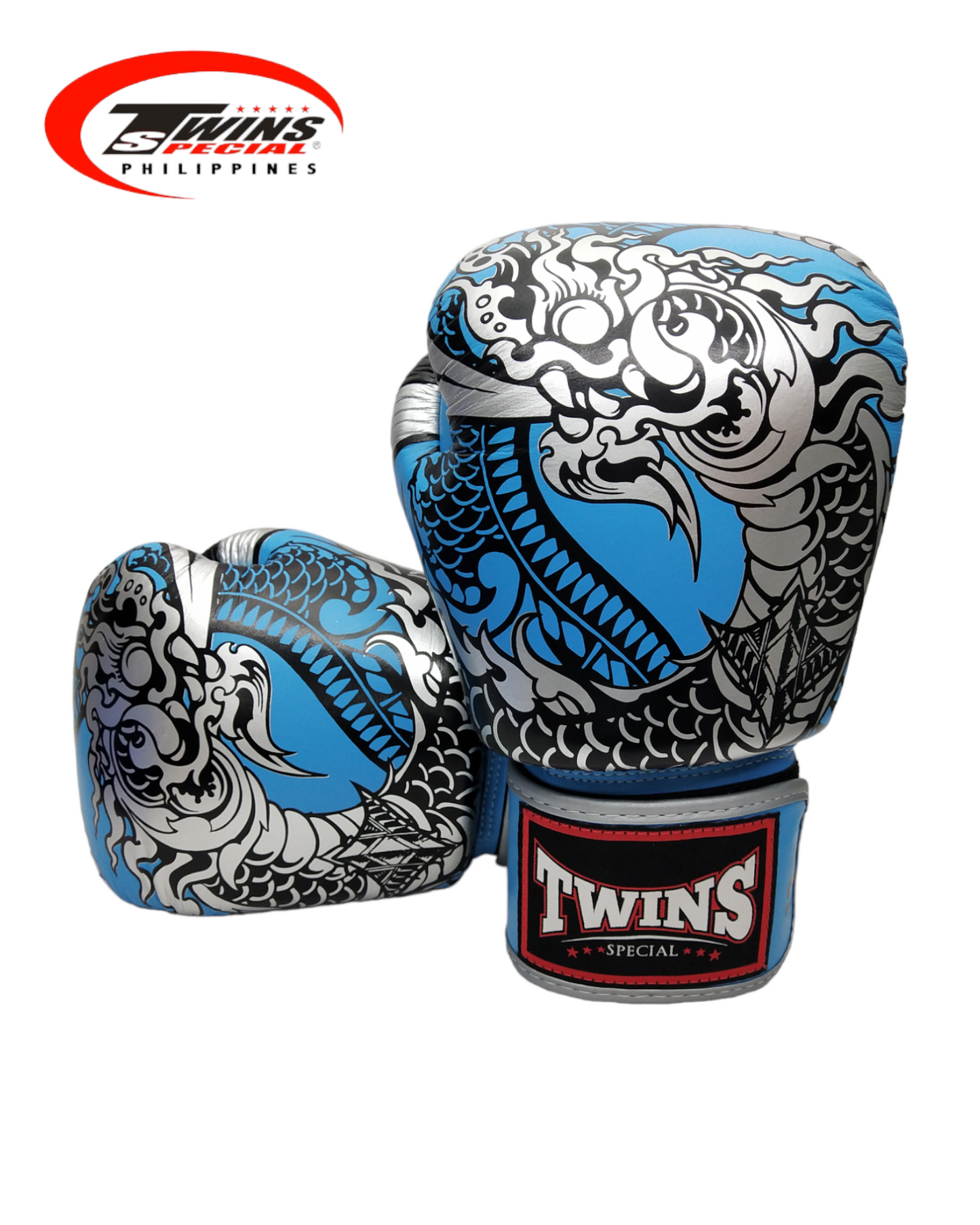 Twins Special Boxing Gloves Thai Nagas Dragon [Light Blue/Silver]